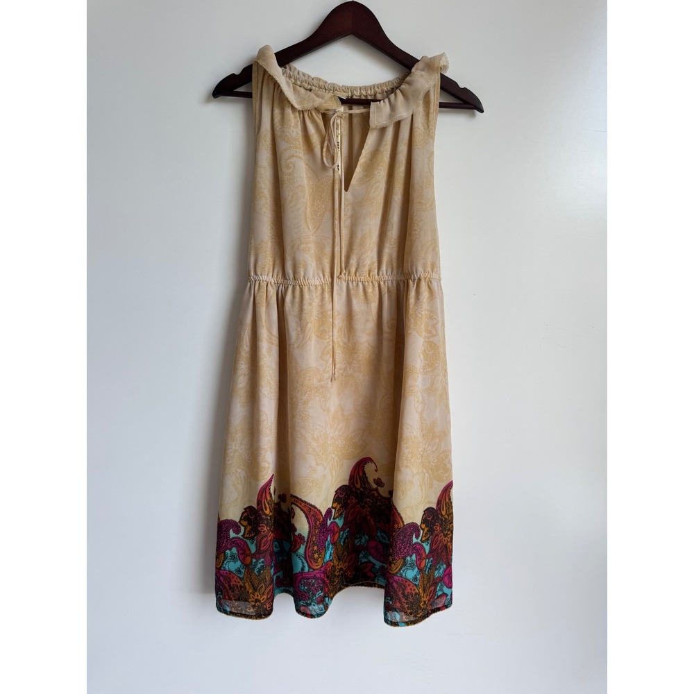 Uncle Frank Women XL Paisley Sleeveless Dress Ruffle Neck Beige Boho flowy relax